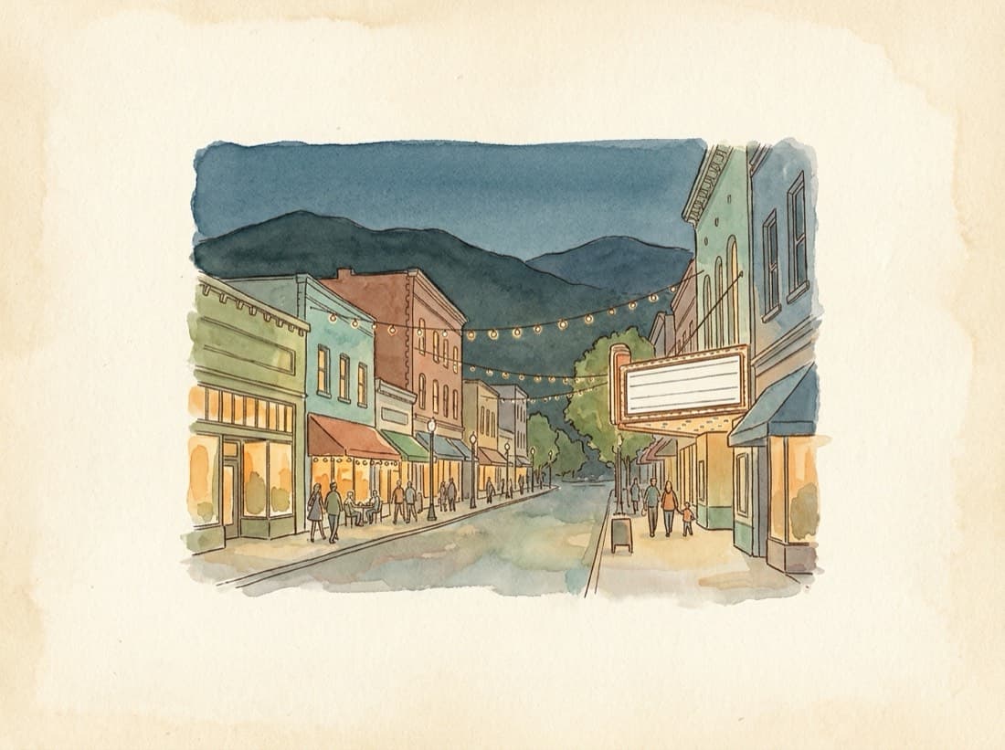 An illustrated almanac plate of downtown Manitou Springs at dusk