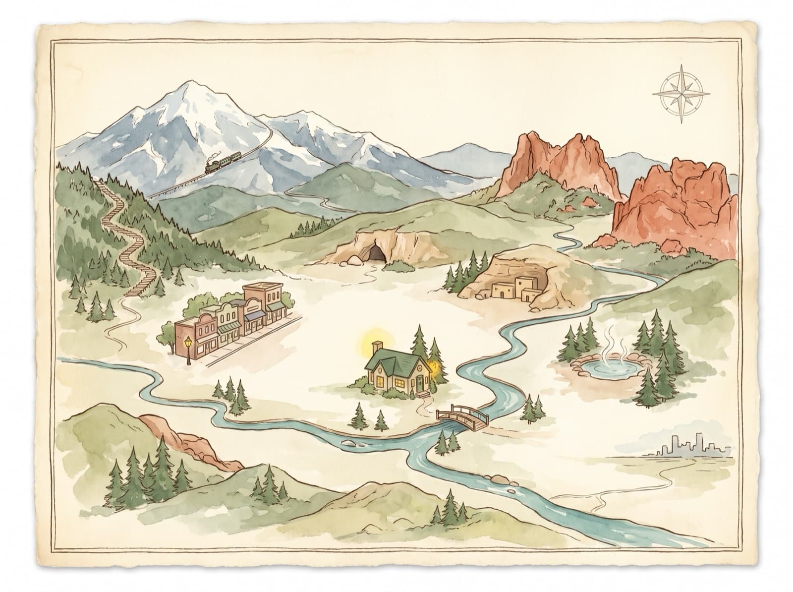 A hand-painted almanac map of Manitou Springs with the Fountain Creek Inn glowing at its center on the creek, downtown's main street just beside it, the Manitou Incline staircase and Pikes Peak cog railway to the west, the red rocks of Garden of the Gods to the northeast, Cave of the Winds and the cliff dwellings in the bluffs, and a steaming spring to the east.